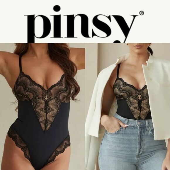 $110 NEW PINSY BLACK LACE SCULPTED SEXY BODYSUIT SHAPEWEAR XL EXTRA LARGE XL NWT - Picture 1 of 4